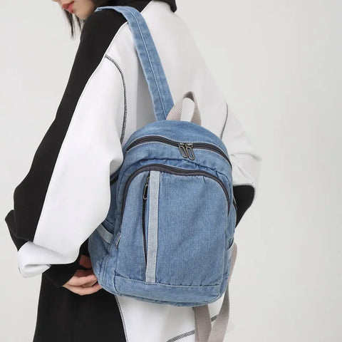 mtvrmall Denim Women Backpack Casual Travel Bagpack Backbag College Student School Bags for Teenager Girls Cowboy Rucksack blue Mochila