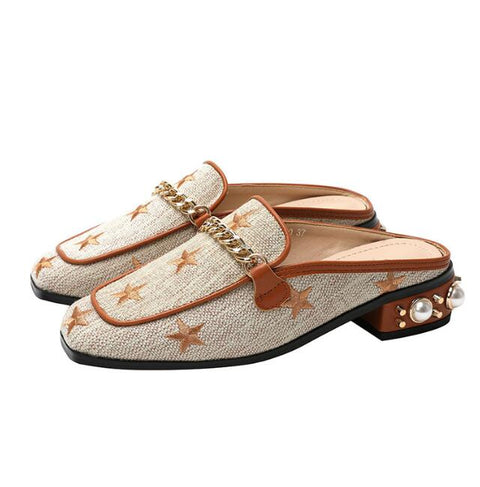 mtvrmall - Luxury Woman Mules Summer Close Toe Women Pearl Metal Chain Lazy Slides Flat Heel Girl Slippers Embroidery Outdoor Flip Flops