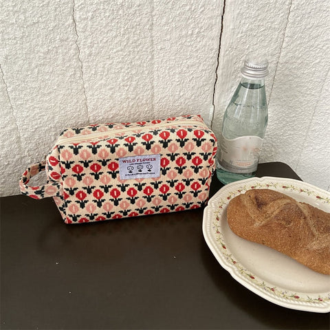 Women Corduroy Plaid Flowers Cosmetic Lipsticks Bag Korean Student Pencil Case Travel Makeup Brushes Bag Neceser Organizer Bags