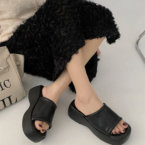 mtvrmall - Summer Sandals Women Platform Shoes Heels Luxury Mules Wedge Black Plus Size Slippers Elegant Designer pu leather House Indoor