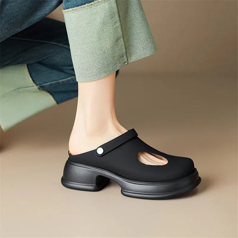 New Women Sandals Split Leather Cover Toe Sandals Casual Slippers Summer Hole Shoes for Women Round Toe High Heel Platform Shoes