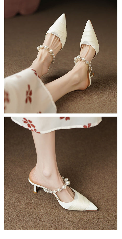 mtvrmall - Heihaian Baotou Slippers  Summer New Elegant Fairy Wind Heels Slippers For Women With Pearl And Net Yarn Decoration 33-42