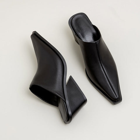 mtvrmall - Brand New Ladies Genuine Leather Mules Fashion Med Chunky Heels Summer Wedges Slippers Women Casual Office Shoes Woman