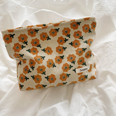 Women Corduroy Plaid Flowers Cosmetic Lipsticks Bag Korean Student Pencil Case Travel Makeup Brushes Bag Neceser Organizer Bags