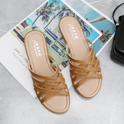mtvrmall - Big Size Outside Wear Slippers Women  New Summer Shoes Flat Shoes Hollow Soft Wedge with Mother Skin Slippers