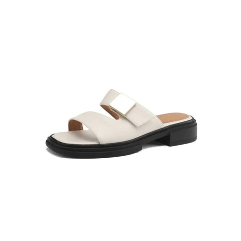 New Split Leather Summer Slippers Women 2024 Square Toe Chunky Heel Sandals Open Toe Shoes for Women Handmade Slippers Women