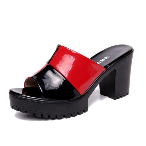 mtvrmall - Big Size 32-43 Block Square Heel Platform Slippers Women Office Shoes Summer Open Head High Heels Slides Ladies Slipper
