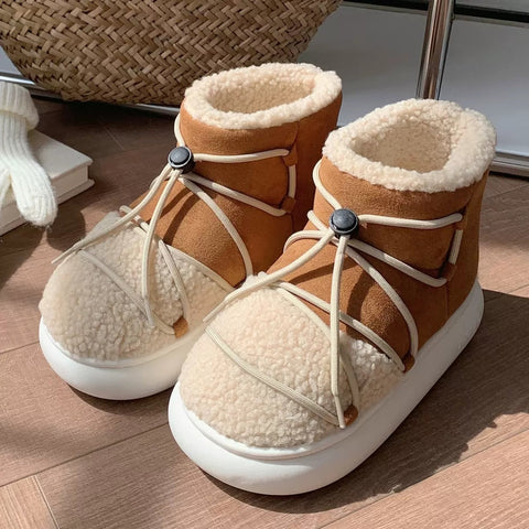 mtvrmall - New Winter Warm Snow Boots  Fur Design Women Short Boots Non-slip Light Comfortable Men Home Slippers High Top Bread Shoes