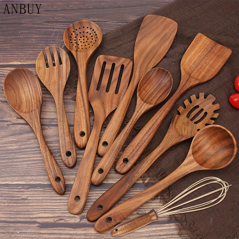 10pcs Wooden Spoons For Cooking, Teak Wood Kitchen Utensils Set For Non Stick Use, Spatula Set For Stirring, Baking, Non Stick Wooden Utensils For Kitchen