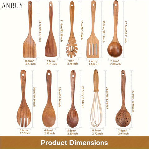 10pcs Wooden Spoons For Cooking, Teak Wood Kitchen Utensils Set For Non Stick Use, Spatula Set For Stirring, Baking, Non Stick Wooden Utensils For Kitchen