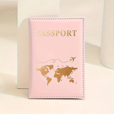 1 Pc Minimalist Small Passport Holder, With Golden Pattern, Portable Bifold Travel Wallet For Women