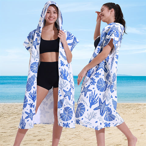 1pc Hooded Beach Towel - Ultra-Absorbent, Rapid Quick-Drying, Lightweight, Soft, and Hooded - Vibrant Marine Lives Pattern, Perfect for Beach Swimming, Outdoor Camping, Travel, and Vacation, Must-Have Beach Essentials for a Comfortable and Enjoyable Trip