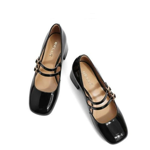Mtvrmall - Women Leather Double Buckle Heeled Mary Janes