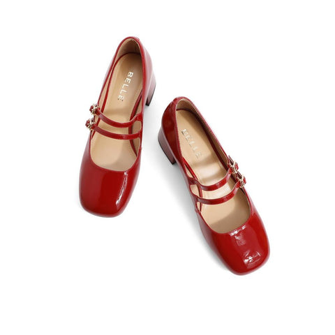 Mtvrmall - Women Leather Double Buckle Heeled Mary Janes