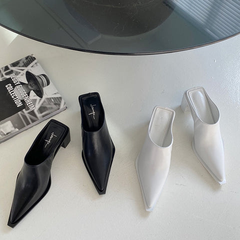 mtvrmall Fashion Women Sandals Slippers Roman Style Slides Party Pumps Thick Square Heeled Black/White Mules Shoes Pointed Toe Slides 39