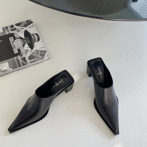 mtvrmall Fashion Women Sandals Slippers Roman Style Slides Party Pumps Thick Square Heeled Black/White Mules Shoes Pointed Toe Slides 39