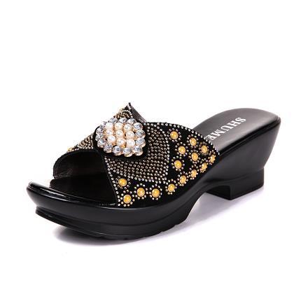 mtvrmall - Rhinestone Genuine Leather Summer Shoes Mother&#39;s Fashion Outdoor Sandals Women&#39;s Large Size 40-42 Cool Slippers