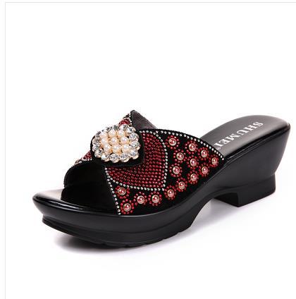 mtvrmall - Rhinestone Genuine Leather Summer Shoes Mother&#39;s Fashion Outdoor Sandals Women&#39;s Large Size 40-42 Cool Slippers