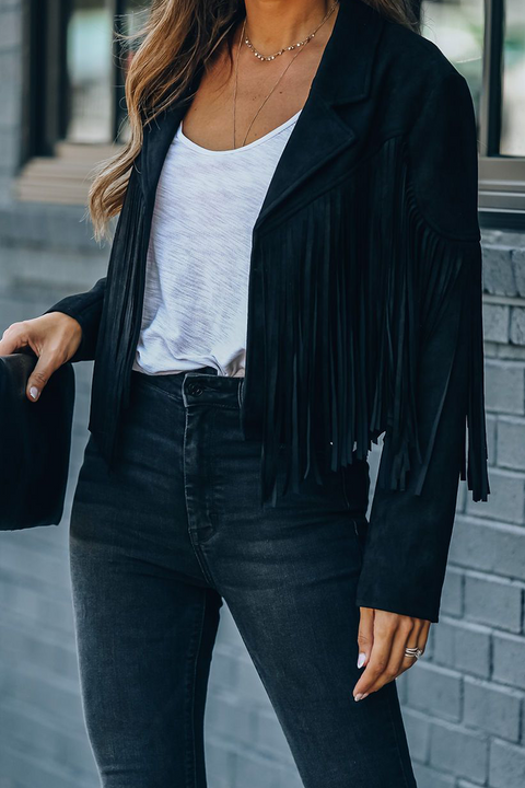 Mtvrmall Fashion Street Solid Tassel Patchwork Turndown Collar Outerwear