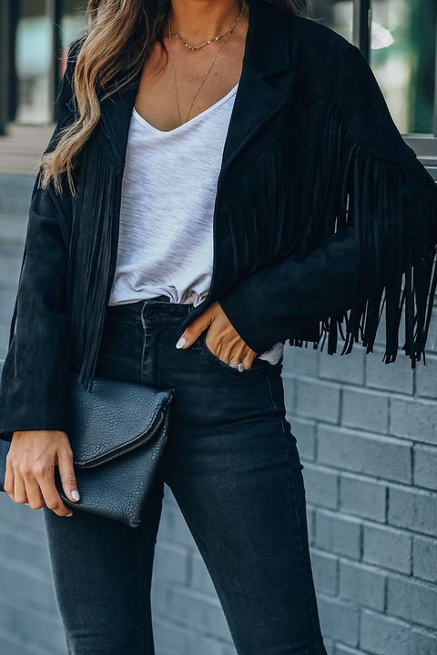 Mtvrmall Fashion Street Solid Tassel Patchwork Turndown Collar Outerwear