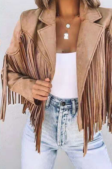 Mtvrmall Fashion Street Solid Tassel Patchwork Turndown Collar Outerwear