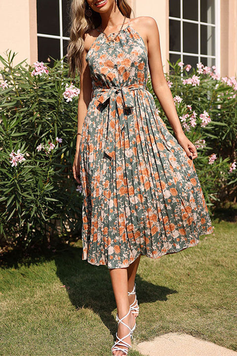 Mtvrmall Elegant Floral Frenulum Halter Pleated Dresses