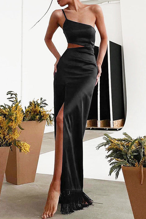 Mtvrmall Sexy Party Solid Tassel Asymmetrical Oblique Collar Evening Dress Dresses