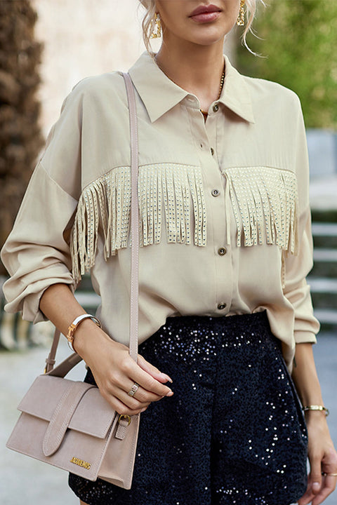 Mtvrmall Casual Solid Tassel Shirt Collar Tops