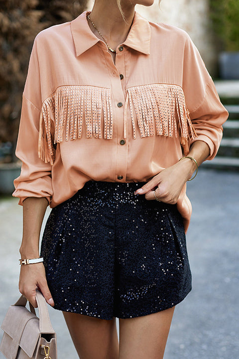 Mtvrmall Casual Solid Tassel Shirt Collar Tops