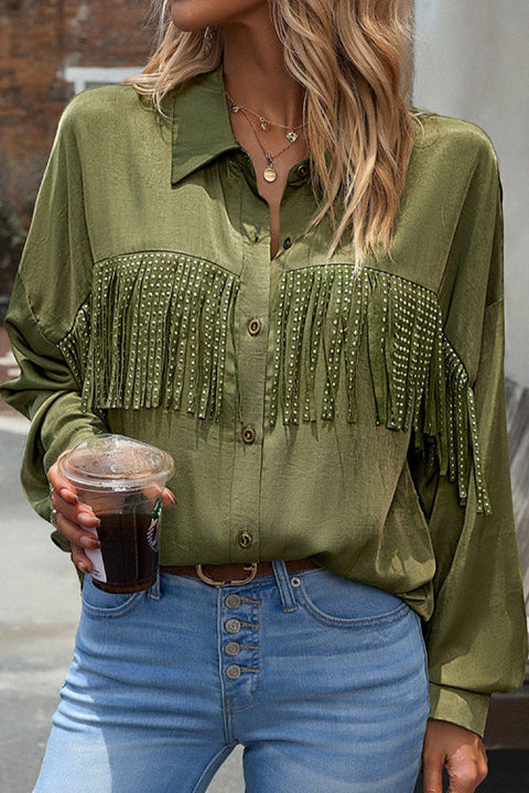 Mtvrmall Casual Solid Tassel Shirt Collar Tops