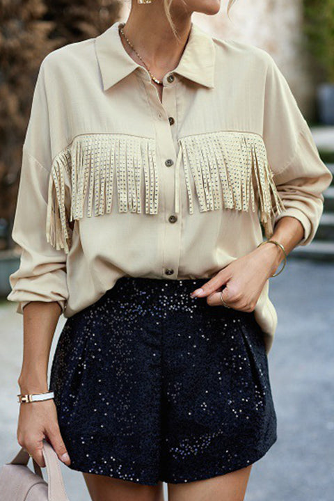 Mtvrmall Casual Solid Tassel Shirt Collar Tops