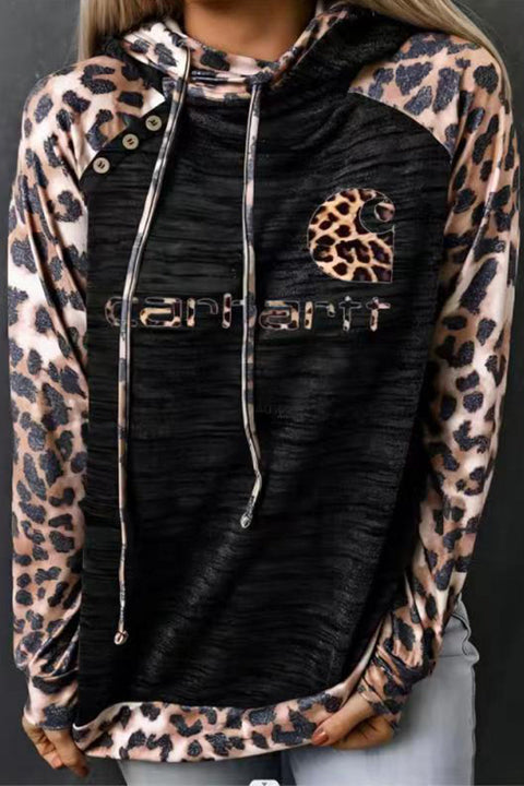 Mtvrmall Casual Leopard Patchwork Buttons Hooded Collar Tops