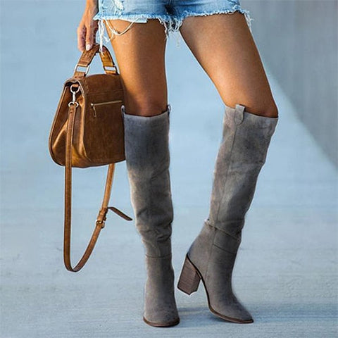 Mtvrmall - Women Suede Knee High Boots Ladies Solid Pointed Toe Tall Boots Retro Roman High Heels Shoes Female Autumn Winter Long Boot