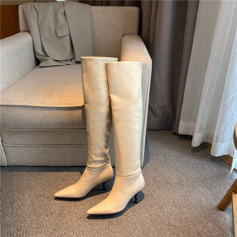 Mtvrmall - Meotina Pleated Real Leather High Heel Long Boots Women Shoes Pointed Toe Stiletto Heels Knee-High Boots Autumn Winter Beige 43