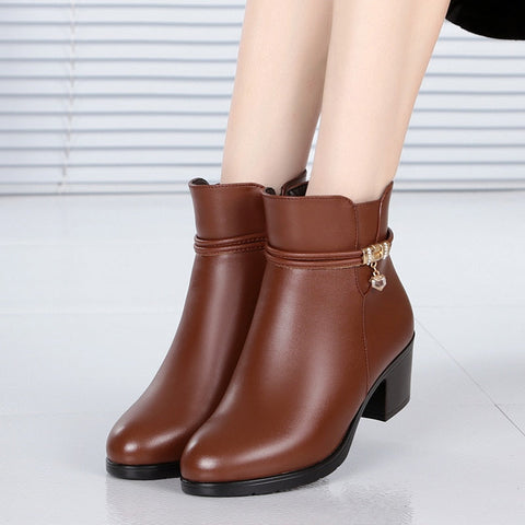 Mtvrmall - NEW Fashion Soft Leather Women Ankle Boots High Heels Zipper Shoes Warm Fur Winter Boots for Women Plus Size 35-43