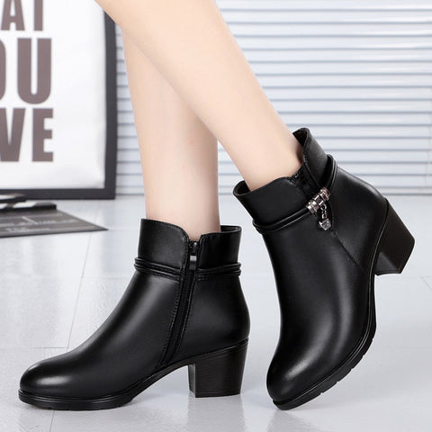 Mtvrmall - NEW Fashion Soft Leather Women Ankle Boots High Heels Zipper Shoes Warm Fur Winter Boots for Women Plus Size 35-43