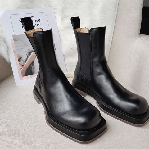 Mtvrmall -  New Square Toe Women Chelsea Boots Thick Sole Platform Ankle Boots Black Autumn Botas Mujer Ladies Slip-on Footwear