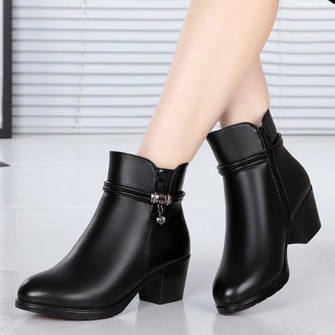 Mtvrmall - NEW Fashion Soft Leather Women Ankle Boots High Heels Zipper Shoes Warm Fur Winter Boots for Women Plus Size 35-43