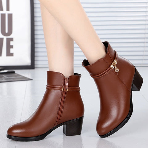 Mtvrmall - NEW Fashion Soft Leather Women Ankle Boots High Heels Zipper Shoes Warm Fur Winter Boots for Women Plus Size 35-43