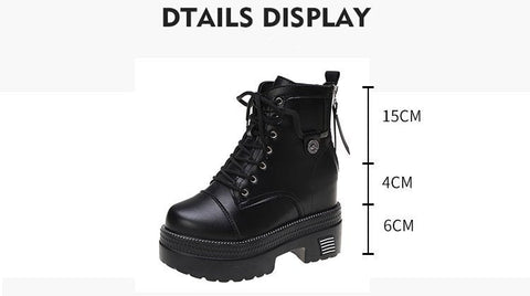 Mtvrmall - Women High Heels 10CM Thick Heel Ankle Boots Lace Up Black Chunky Boots Autumn Winter Leather Woman Boots Platform Leather Shoes