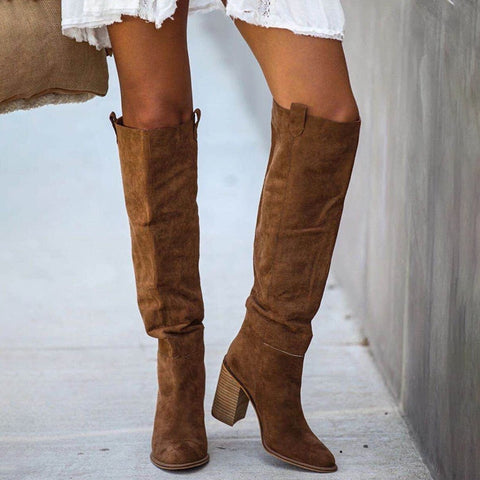 Mtvrmall - Women Suede Knee High Boots Ladies Solid Pointed Toe Tall Boots Retro Roman High Heels Shoes Female Autumn Winter Long Boot