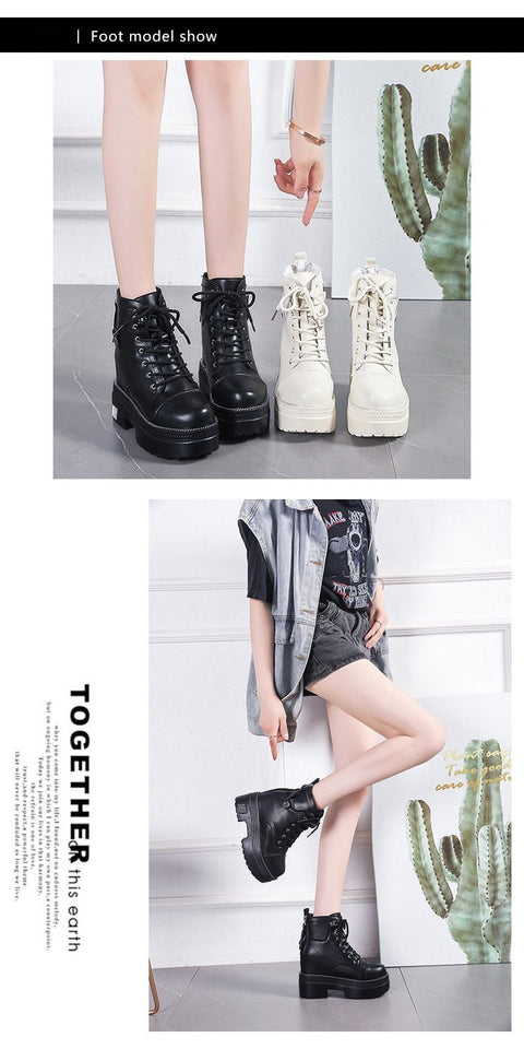 Mtvrmall - Women High Heels 10CM Thick Heel Ankle Boots Lace Up Black Chunky Boots Autumn Winter Leather Woman Boots Platform Leather Shoes