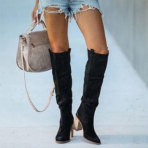 Mtvrmall - Women Suede Knee High Boots Ladies Solid Pointed Toe Tall Boots Retro Roman High Heels Shoes Female Autumn Winter Long Boot