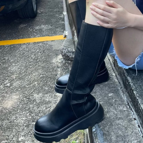 Mtvrmall - Chelsea Women High Boots Winter New Chunky Shoes Woman Fashion Knee High Platform Mid Heels Gladiator Motorcycle Boots Lady