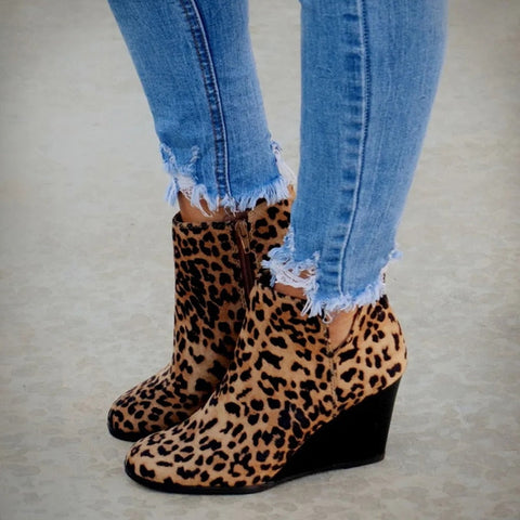 Mtvrmall - Pointed Toe Booties Winter Women Leopard Ankle Boots Lace Up Footwear Platform High Heels Wedges Shoes Woman Bota Feminina