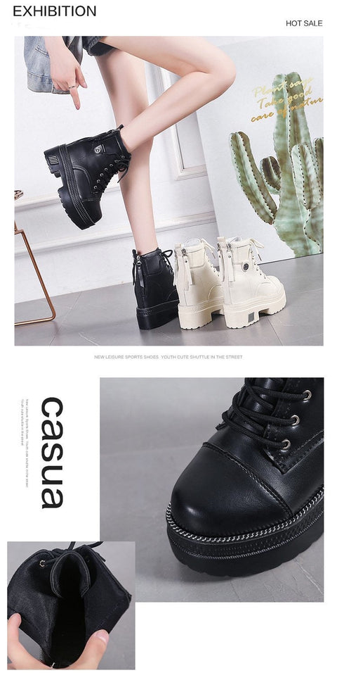 Mtvrmall - Women High Heels 10CM Thick Heel Ankle Boots Lace Up Black Chunky Boots Autumn Winter Leather Woman Boots Platform Leather Shoes