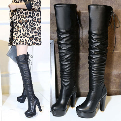 Mtvrmall - Sexy Waterproof Knee-length High-tube Women's Boots Thick-soled Soft Leather Round Toe Nightclub Pole Dance Boots