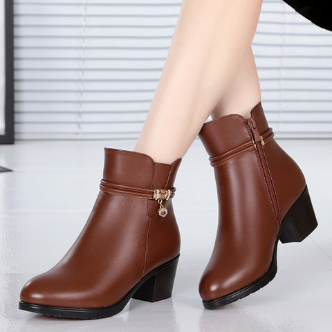 Mtvrmall - NEW Fashion Soft Leather Women Ankle Boots High Heels Zipper Shoes Warm Fur Winter Boots for Women Plus Size 35-43