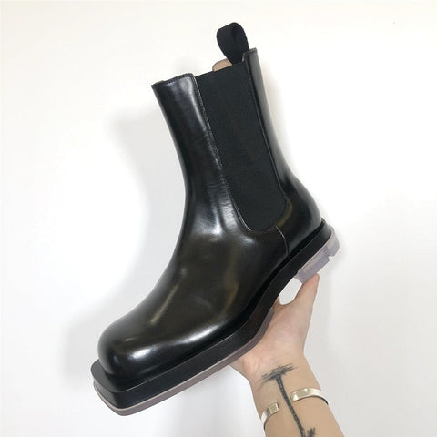 Mtvrmall -  New Square Toe Women Chelsea Boots Thick Sole Platform Ankle Boots Black Autumn Botas Mujer Ladies Slip-on Footwear