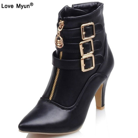 Mtvrmall - Shoes Women Boots Spring High Heels Ankle Boots Pointed Toe Buckle  Boots Zip Ladies Shoes White Big Size rtg5